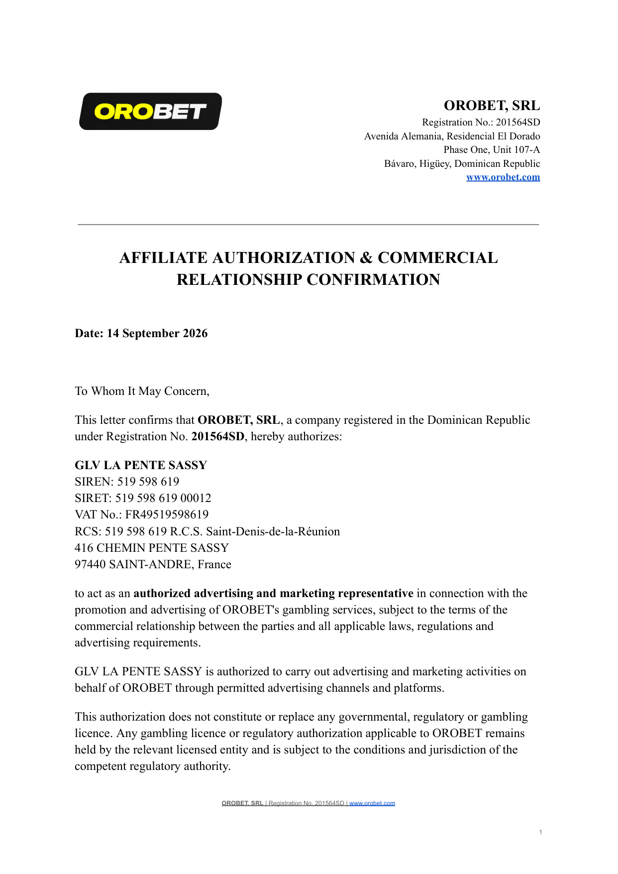 Affiliate Authorization — OROBET, SRL et GLV LA PENTE SASSY